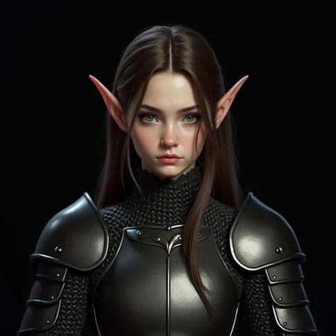 (masterpiece), (extremely intricate:1.3), (realistic), portrait of a beautyful muscular bodybuilder elf girl, young perfect face, (((medieval armor:1.6 ((matte black perfect chainmail, elf, elven), portrait), steady [brown hair:dark hair:0.6]))), metal ref...