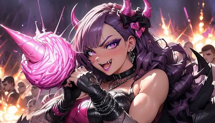 (Masterpiece), 1women, mature women, purple hair color, red sunglasses, full body, solo focused, expressive eyes, anime style, skindation, detailed lips, long eyelashes, best quality, 8k, highres, demon girl, glowing horn, epic pose, full body, holding mic...