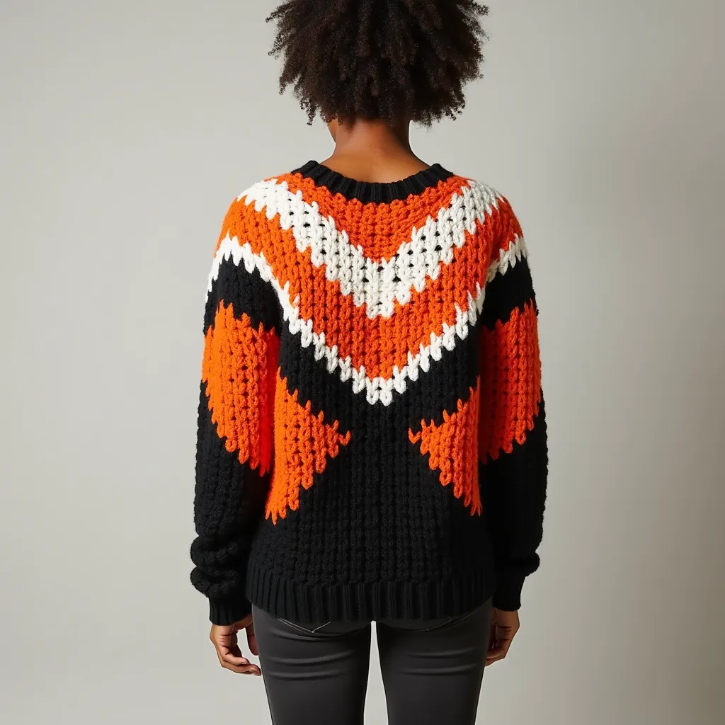 Nice sweaters design crochet with wool orange,white,black design on sweater wear and black color full view pic legs full zoom out 