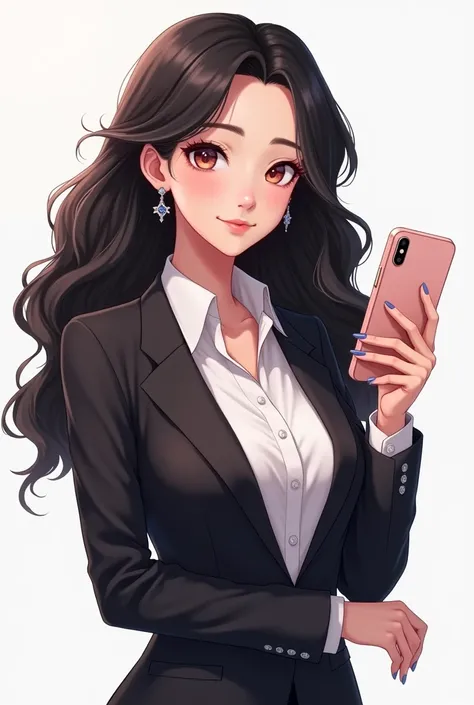   an anime cartoon for Instagram profile , It has to be feminine ,  brunette with big wavy black hair,  businesswomans profile ,  sophisticated and attractive , with an iphone in hand 