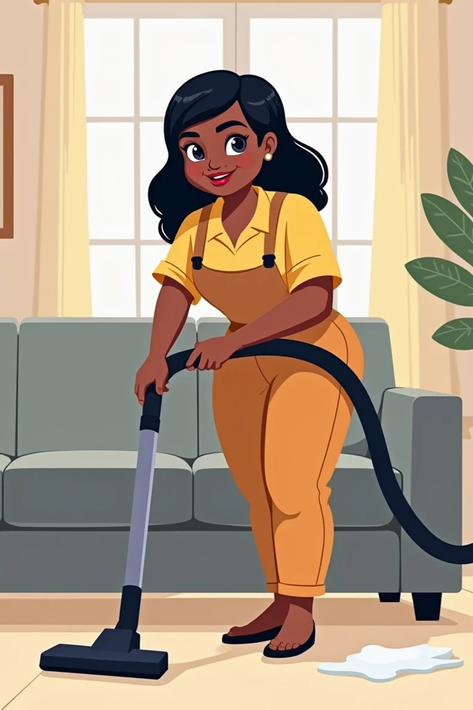 A logo for a couch cleaning company with the name top clear  ,  and a chubby black woman with straight hair and jumpsuit with a vacuum vacuuming the couch