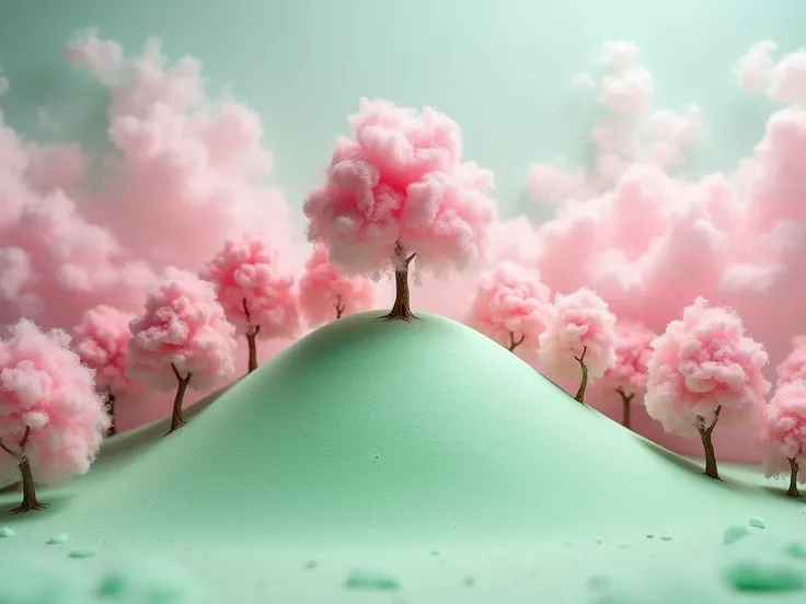 hill,  There are trees made of pink cotton candy, Flying cherry blossoms , large space , filled with trees made of cotton candy ,Pull out the tree in the middle  ,There are trees made of cotton candy with various ingredients , Difficult terrain, Light gree...