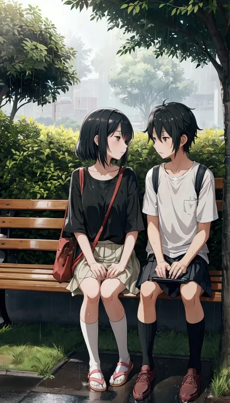 A japanese anime-style in scene featuring a boy and girl seated at a small bus stop. The boy is wearing casual shorts and a t-shirt, while the girl is dressed in a skirt and top, with a handbag hanging from her shoulder. They are seated on the bus stop ben...