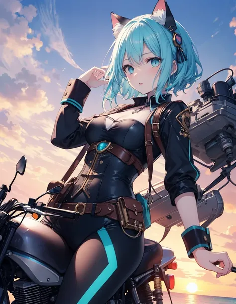 steampunk, motor bike, sunset beach, master piece, high quality illustration, digital art,4K, cat ear, pale skin, medium breasts, aqua colored eyes, blue and aqua color hair,