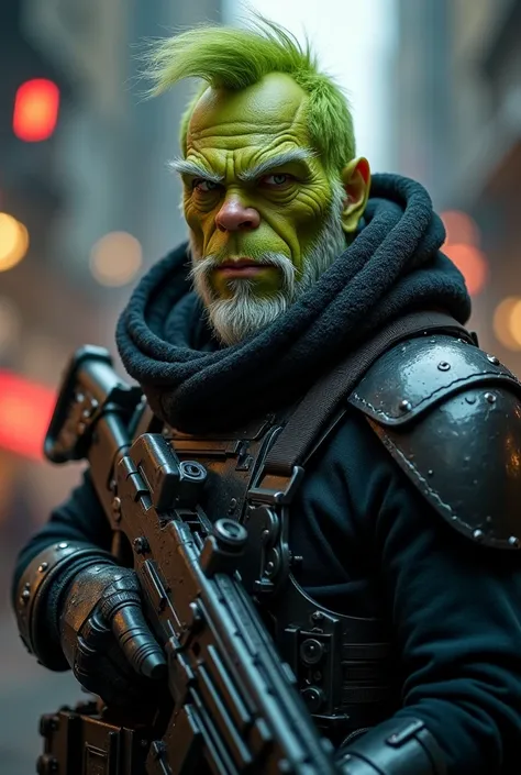 Create an image of a modern Grinch of an older man under 55, Beautiful, sports, alert , a disguised assassin superhero in space armor . With a trendy grey beard and mustache. On his side is a massive ,  short,  three-barreled laser blaster.