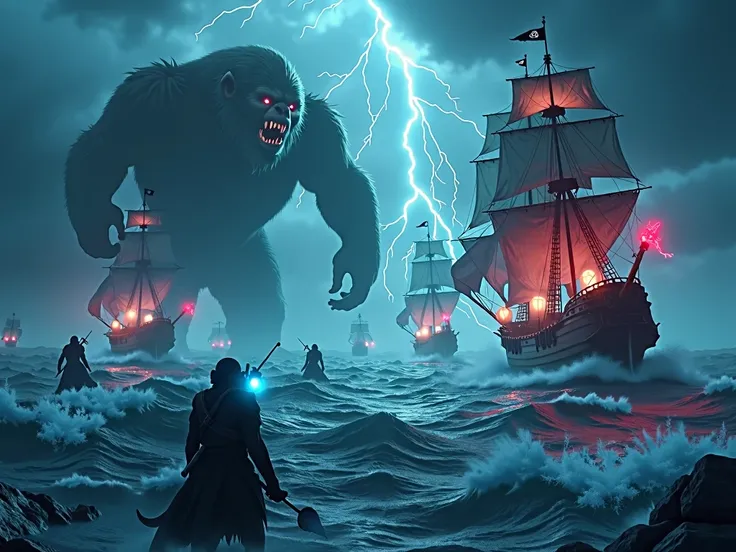 "An epic battle scene on a stormy ocean, pirate ships engaged in combat against massive shadowy sea creatures with glowing red and blue accents, pirates (anthropomorphic Apes) wielding weapons and glowing artifacts, protecting their ships, flashes of light...