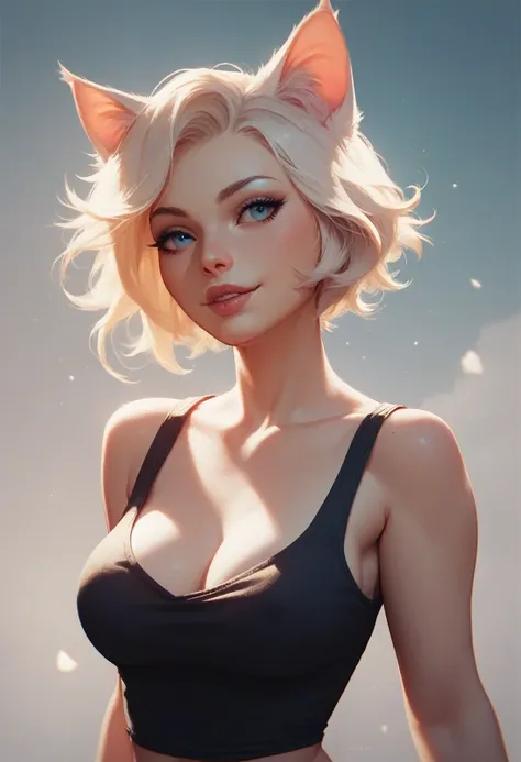 fluffy cat, Beautiful cat girl in a tank top