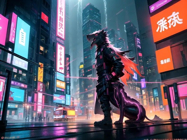  Neon streets of futuristic cities ，Chinese style，Classic of Mountains and Seas，Strange Beast，Lightning thunderstorms ，Meteorite Fall，Fire Rain， full body ， Skyscrapers with flashing neon lights，Second Dimension， Highly detailed ，illustration， 8k resolutio...