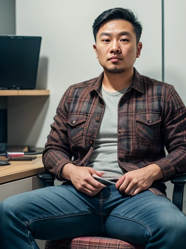 anxious asian man in his late 30s wearing a jacket and cargo oants showing well developed thighs stands in a dictors office next to a man sitting in a chair wearing a plaid shirt and faded blue jeans