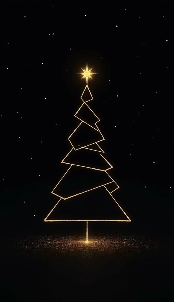 "A stylized Christmas tree with simple golden lines on a dark background, with stars shining."