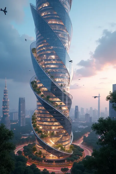 "A hyperrealistic image of a breathtaking futuristic skyscraper shaped like an elegant twisting helix, constructed entirely of shimmering glass and metal. The building glows softly with embedded lights, and its surface reflects the surrounding cityscape. H...