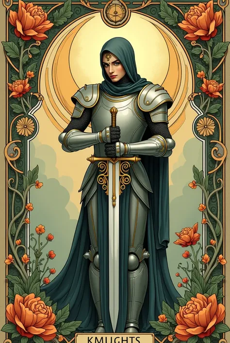 tarot card in alfonse mucha style, kniht"s of sword