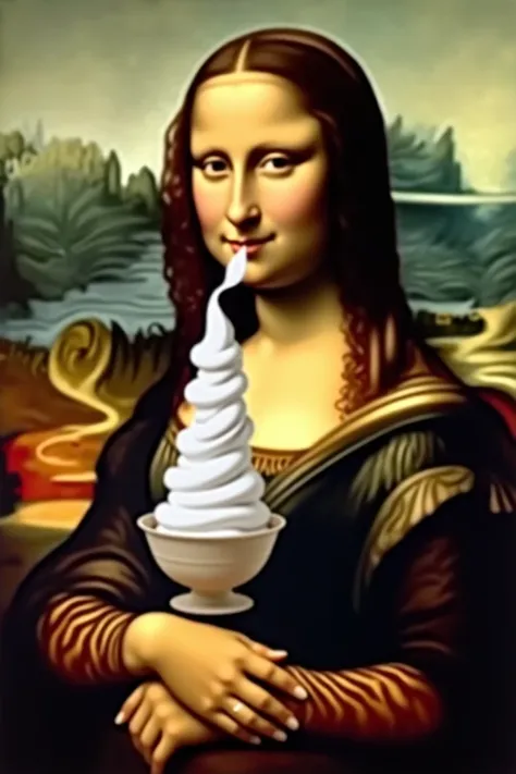 Monalisa eating yogurt ice cream in a container 
