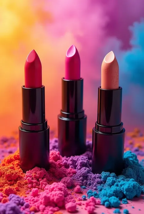 Create a photo of various makeup and lipsticks in many vibrant and bright colors with a colorful background of colored mist and powder