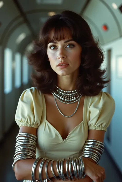 1963 woman wearing many tight silver hoop bracelets all over her arm, science fiction film on the space shuttle, stunning cinematography, hyper-detailed, anamorphic lenses, Kodak color film, directed by Fred M. Wilcox