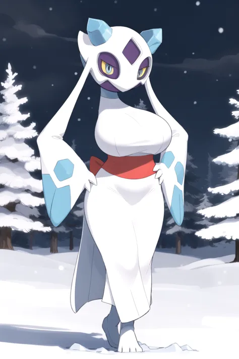 ((masterpiece)), (((froslass))), anthropomorphic, anthro, hips, slender legs, standing, long white dress, purple legs, white bod...