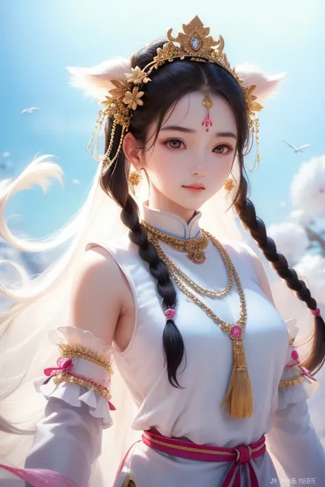  a girl , Long braids, Tibetan girl, close-up, I raised my head slightly ,  Smile, 【Profile photo,  upper body, Outstanding looks,  gorgeous Tibetan costume , Bulky necklace,  complicated Tibetan headdress,  fluff on clothes , White Animal Flu, Live-action...