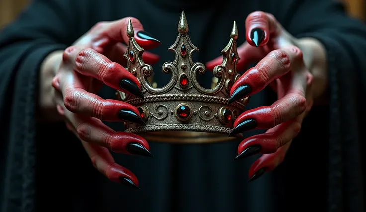 Red devilish hands holding a crown