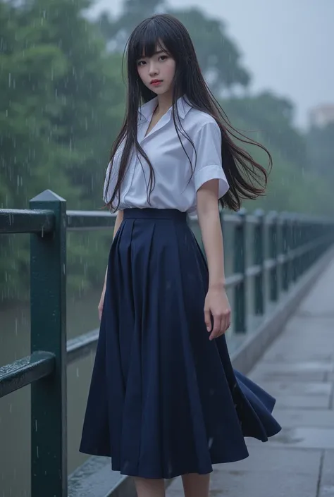 (extremely detailed CG:1.2), (masterpiece:1.2), (best quality:1.2),,((absurdres)),looking at viewer,full body, ,(1girl),solo,(long hair),(mathayom uniform),(white shirt short sleeves),(navy_blue pleated skirt),(long skirt),dynamic angle,standing,dynamic po...