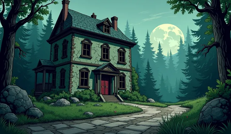  Cartoon poster of an old and corroded two-storey house with walls covered with moss and cracks, and broken windows, giving it a gloomy and scary look. . The main door is large and dilapidated. The house is located on the outskirts of the city, in a remote...