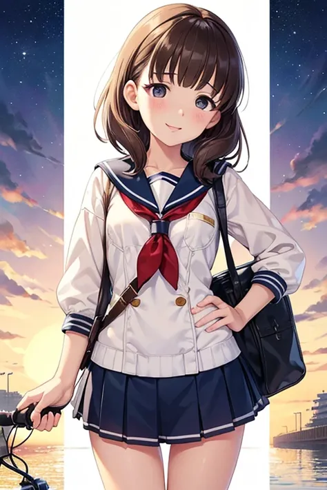  place your hands on your hips no 、 shiny brown hair ,  short hair,  Beautiful Brown Eyes 、smile、Sparkling Eyes, (fine grain)、 super detailed eyes 、  has very detailed faces ,  high definition eyes ,

 Short-sleeved White Sailor Suit 、  Navy Blue Mini Plea...