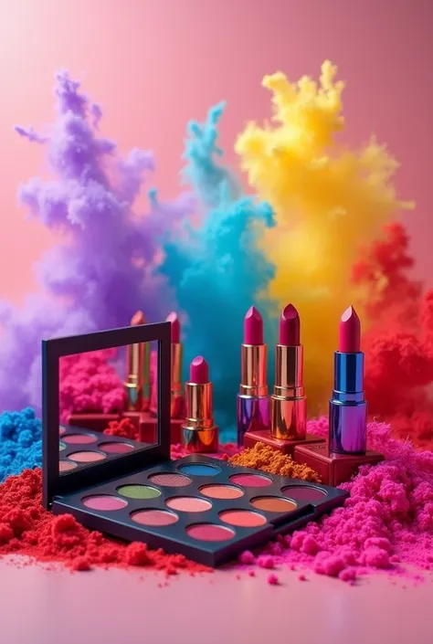 Create a photo of various makeup ,  palette of shadows and lipsticks in many vibrant and bright colors with a colorful background of colored mist and powder