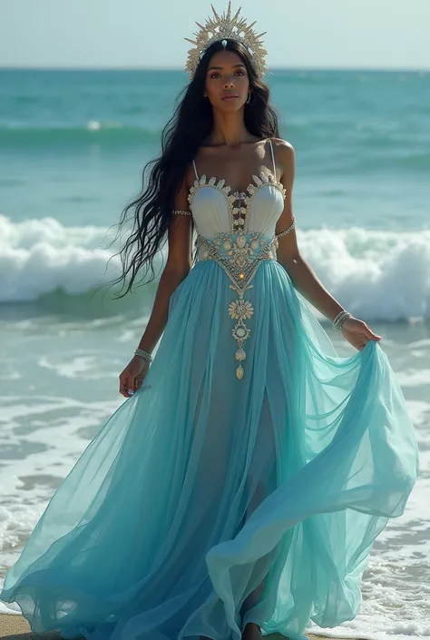 Uma figura feminina de beleza serena e majestosa, irradiando calma, proteção e maternidade. Yemanjá veste um vestido longo e fluido em tons de azul claro e branco, com detalhes que lembram as ondas do mar. O tecido parece translúcido e em movimento, como s...