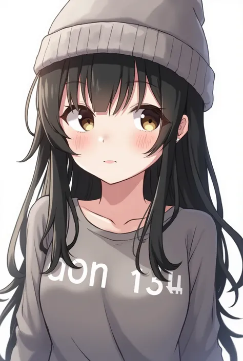 1girl, solo, long hair, black hair, written clothes, brown eyes, looking at the viewer, beanie, lips, upper body, closed mouth, shirt, earrings, https://i.postimg.cc/tCDfNDvp/Screenshot-20230606-212445.png