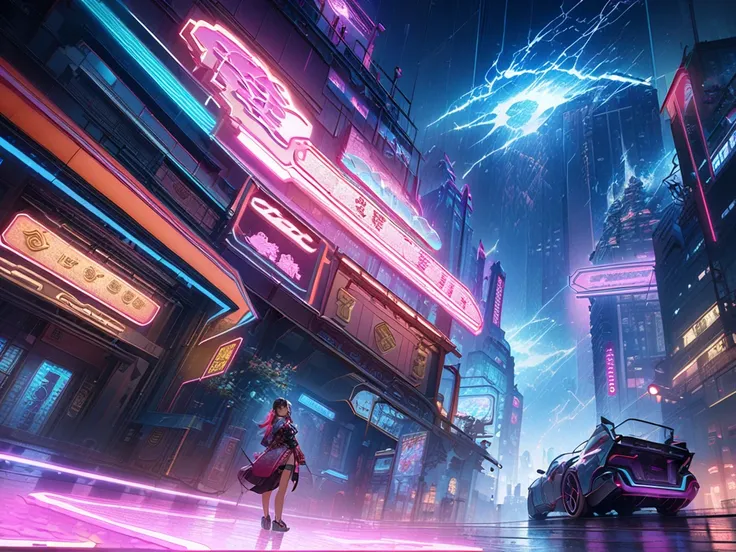  Neon streets of futuristic cities ，Chinese style，Classic of Mountains and Seas，Strange Beast，Lightning thunderstorms ，Meteorite Fall，Fire Rain， full body ， Skyscrapers with flashing neon lights，Second Dimension， Highly detailed ，illustration， 8k resolutio...