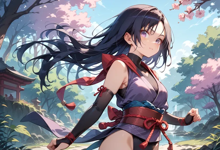 (masterpiece, best quality, ultra detailed, high resolution, detailed facial description), (1 girl:1.3), (ninja costume:1.3, kunoichi costume:1.3), (Black and purple based costume), black long hair, tsurime, in the forest