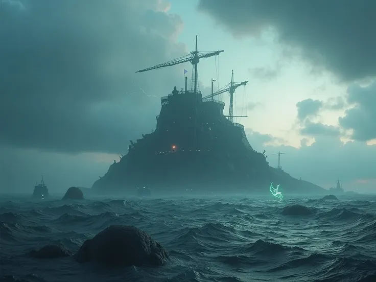 "A dramatic battle scene on a stormy ocean, pirate ships navigating turbulent waves, faint, massive shadowy sea creatures lurking beneath the surface, their outlines barely visible through glowing, distorted water, pirates (anthropomorphic Apes) on the dec...