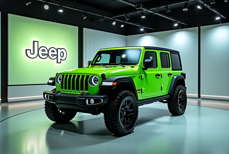 2025 jeep recon ev in shoroom green color add the logo on wall screen 