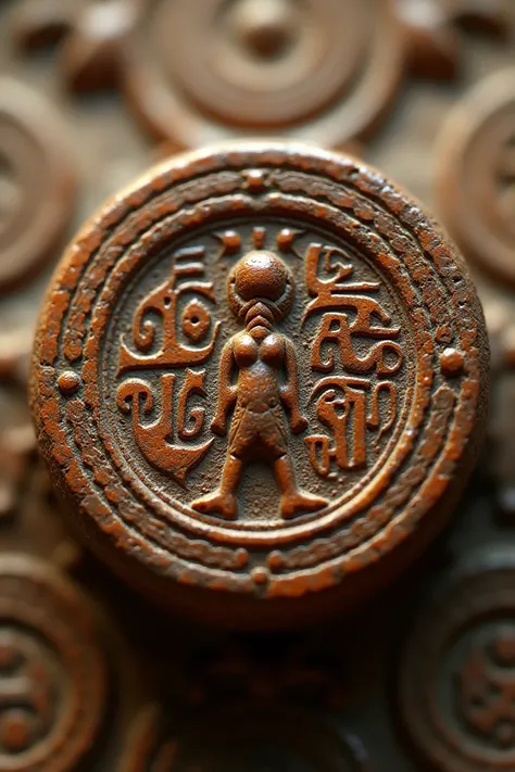 "A close-up of an ancient Indus Valley seal carved with the mysterious script. The seal shows intricate designs and a human figure surrounded by geometric patterns. The soft light highlights the ancient craftsmanship of the seal."