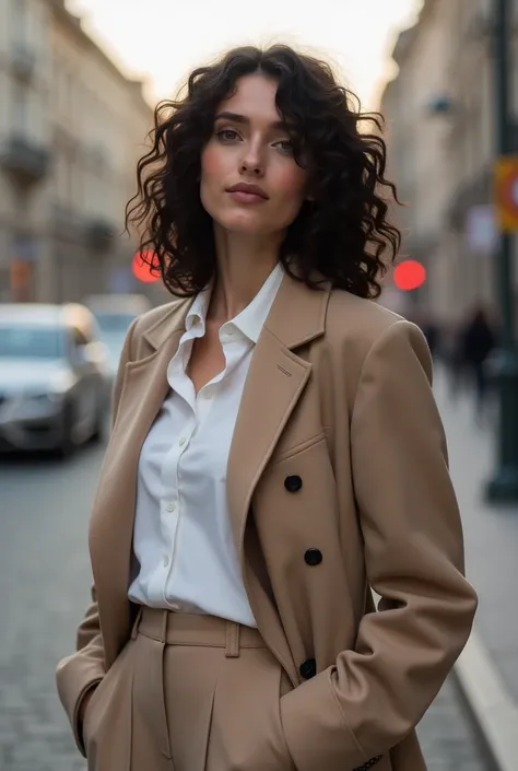  create a photo of a woman from afar with curly medium dark hair. she is on the street,  blurred background. She has the blazer thrown over her shoulder ,  tailoring dress pants and a white dress shirt , beige winter coat .  Late afternoon natural light , ...