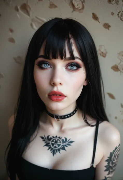 Photo focus on the face,  sexy face , She has a height of 1 , 60 m and weighs approximately 51 kg .  Her body measurements are 81 cm bust ,  56 cm waist and 81 cm hip .  Charlotte is known for her distinct Gothic aesthetic ,  often showing off dark hair an...