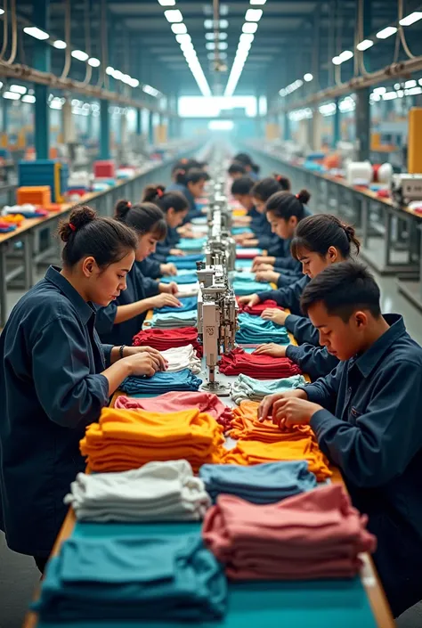 "A high-definition, realistic image representing fast fashion through a factory setting. The scene features rows of sewing machines with workers stitching garments quickly in a brightly lit production line. Piles of colorful, trendy clothing are stacked ne...