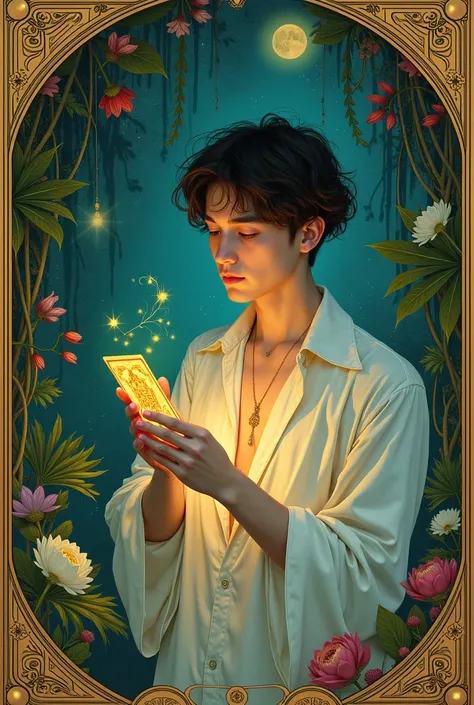 coin prod, young man ,tarot card in Mucha style