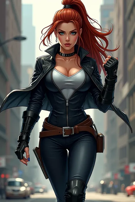 Make-me a image; Marvel Comics Panel; A woman with long reddish brown hair , Her body is fuller ,  she has dark blue eyes ,  she is wearing black jeans ,  a boot that reaches the height of the thighs , a silver compression blouse ,  a vest also black and a...