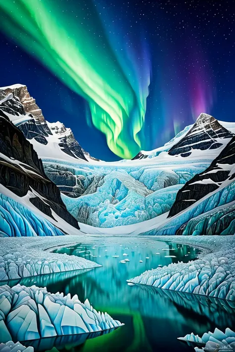 Aurora Over the Glacier, polar light, by Del Kathryn Barton.
best quality, masterpiece, intricate details, ultra-detailed