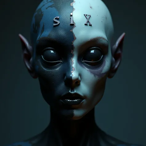 Are alien with the zigzaging mark from the top of the head to the chin running through the middle of the face with the other side black when the opposite side is blue and right big words say six2