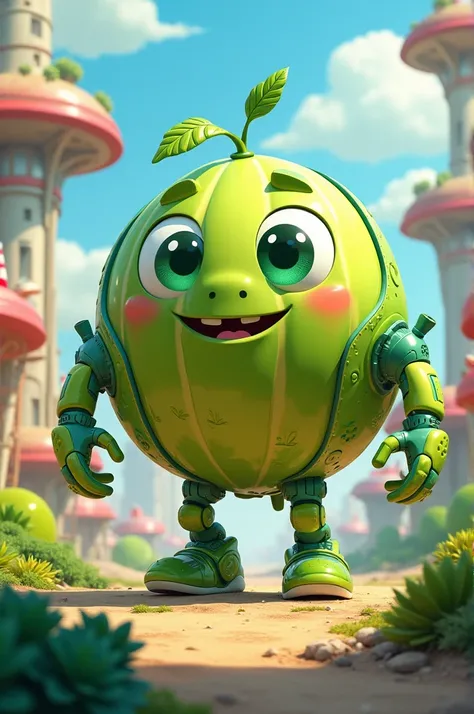 Make a futuristic looking melon playground character design more info on google or youtube.