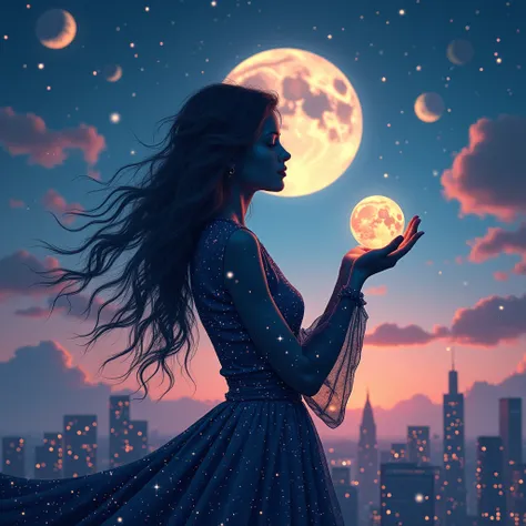 A surreal and dreamy artwork featuring a silhouette of a female figure with a flowing, cosmic form. Her body is filled with twinkling stars and galaxies, as though she embodies the night sky. She holds a glowing, full moon delicately in her hands, radiatin...