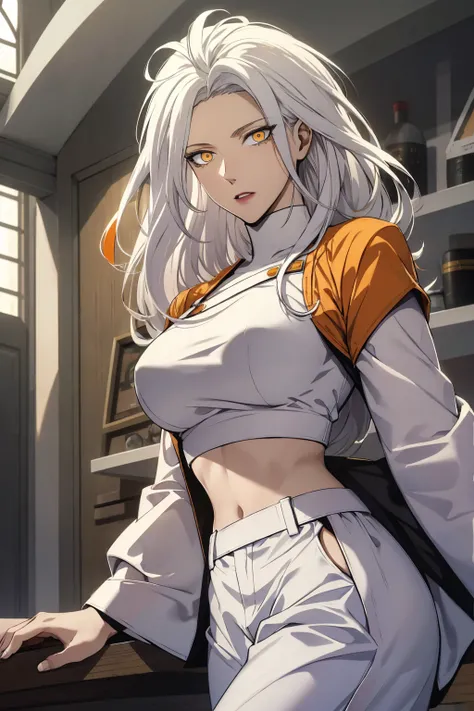  white hair with orange locks, bright orange eyes ,( high quality  eyes), masterpiece,  better quality,  high quality ,  high resolution,  In the open, regardant le spectateur, chemise blanche, haut court, midriff, navel, white pants, Jenny, tall female,
