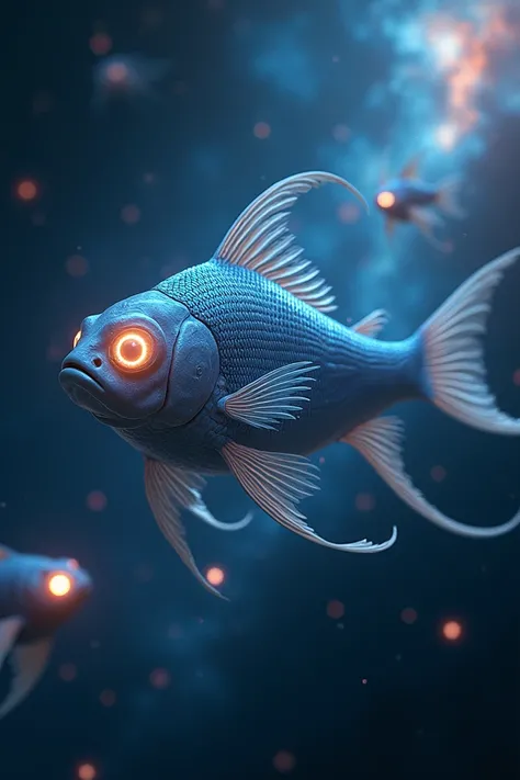 a fish with lights for eyes that swims in space with glowing octopuses