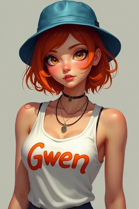 Cool female with slightly short ginger hair wearing a tank top with the word gwen and wearing a blue bucket hat