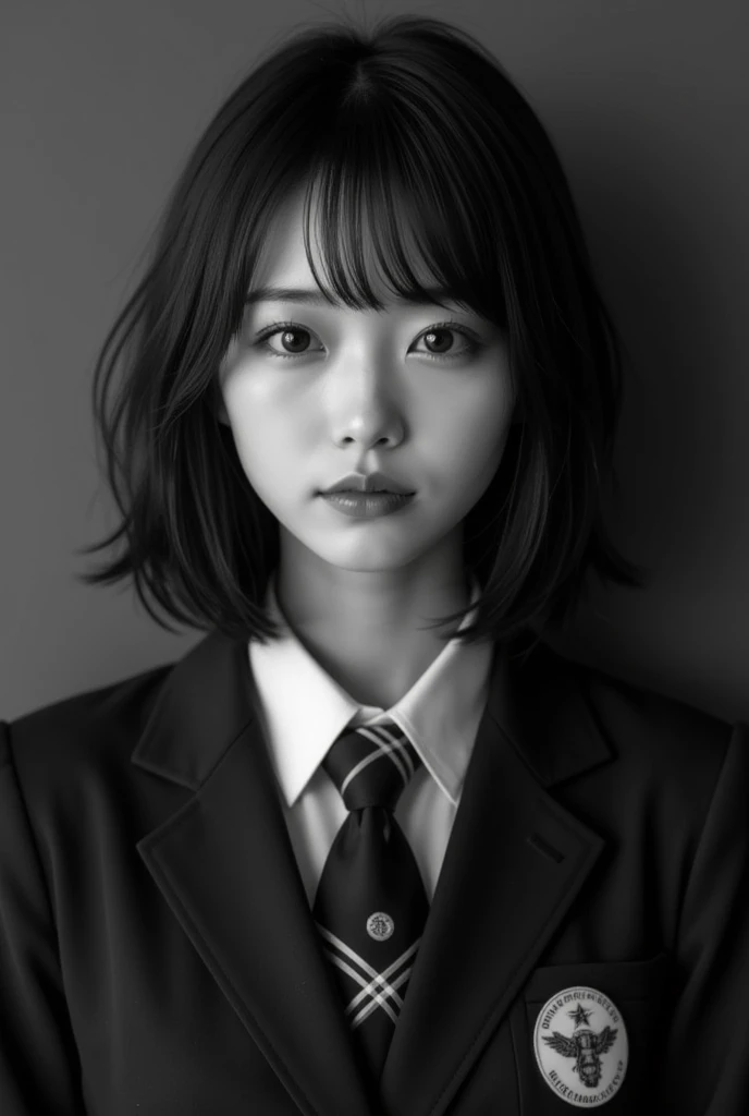  RETRO BLACK AND WHITE PHOTO  高校生女子  :1.37, Realistic, Beautiful woman face,   Look straight at the camera   :1.37, Realistic, 非常にRealisticな写真,    standing , perfect anatomy:1.21,   has a small head  :1.21, Thin lips:1.5, Close your lips, Portrait of a Jap...