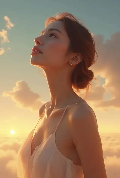 a beautiful young woman gazing at the cirrus clouds in the evening sunset, detailed face, beautiful eyes, long eyelashes, detailed skin, detailed hair, delicate features, serene expression, elegant posture, detailed clothing, sunlight illuminating the scen...