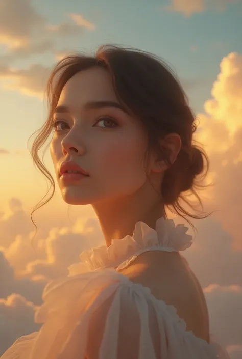 a beautiful young woman gazing at the cirrus clouds in the evening sunset, detailed face, beautiful eyes, long eyelashes, detailed skin, detailed hair, delicate features, serene expression, elegant posture, detailed clothing, sunlight illuminating the scen...