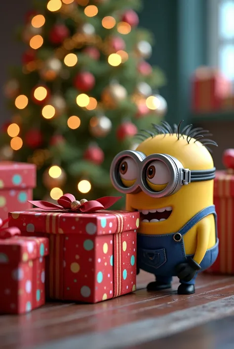  Minion looking curiously at a large, wrapped present in colorful paper, with an expression of anticipation and excitement. The background can feature more gifts and a decorated Christmas tree.