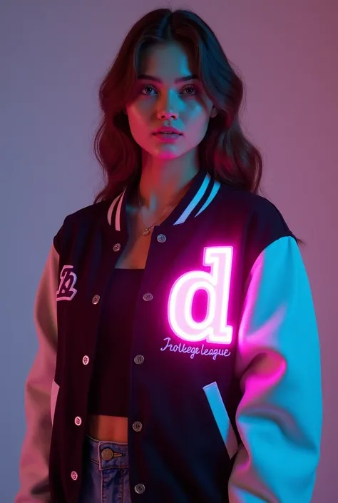  A young woman wearing varsity jacket with dark green body and beige sleeves. On the chest of the jacket ,  add a large D letter , timbul,  with a glowing neon red color .  The letters have a light effect that emits a bright and realistic neon aura . Jaket...